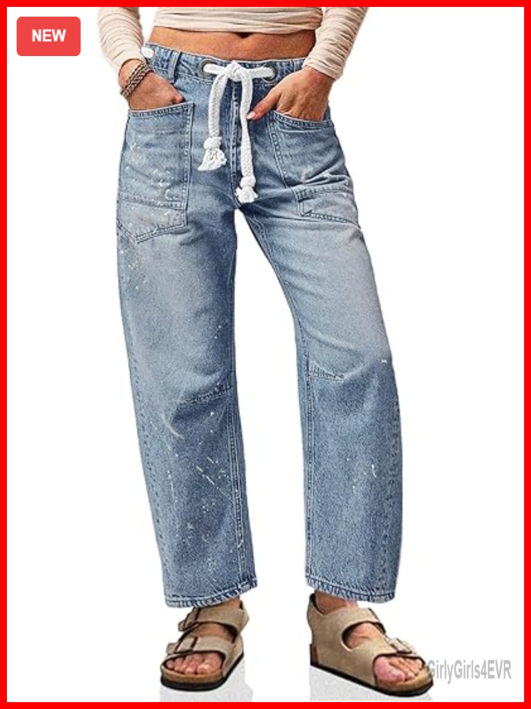 Vintage Paint Splatter Barrel Leg Drawstring Wide Leg Denim Jeans With Front